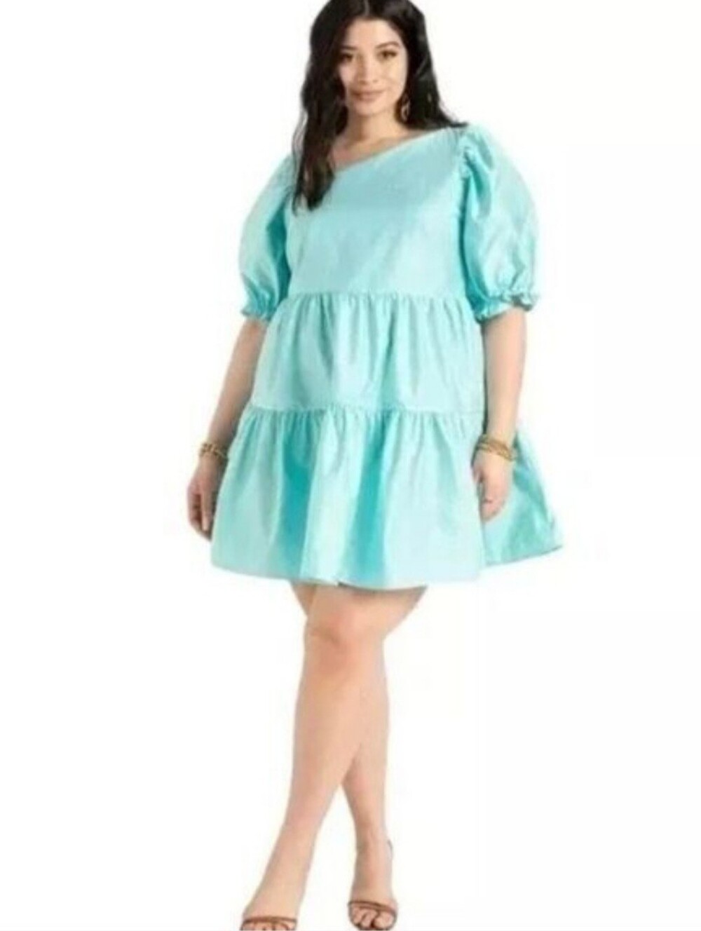 Eloquii Aqua Asymmetric Neckline Puff Sleeve Swing Mini Dress | NWT!